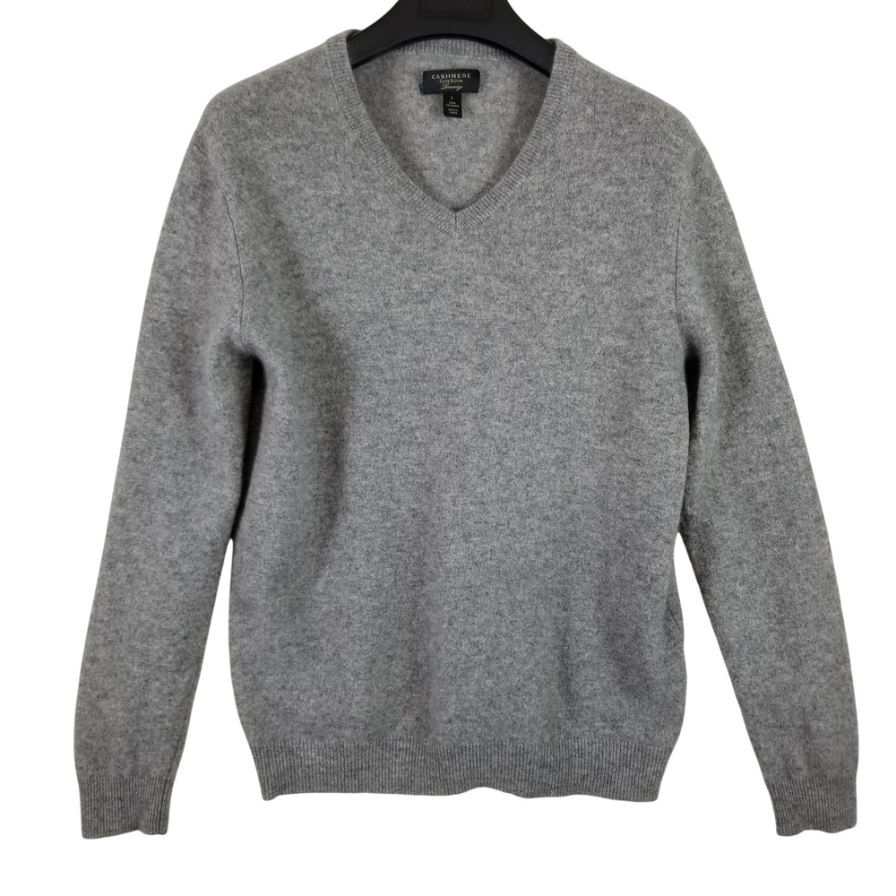 Club Room Luxury Cashmere Sweater Mens Large Gray V-Neck 100% Cashmere Knit L